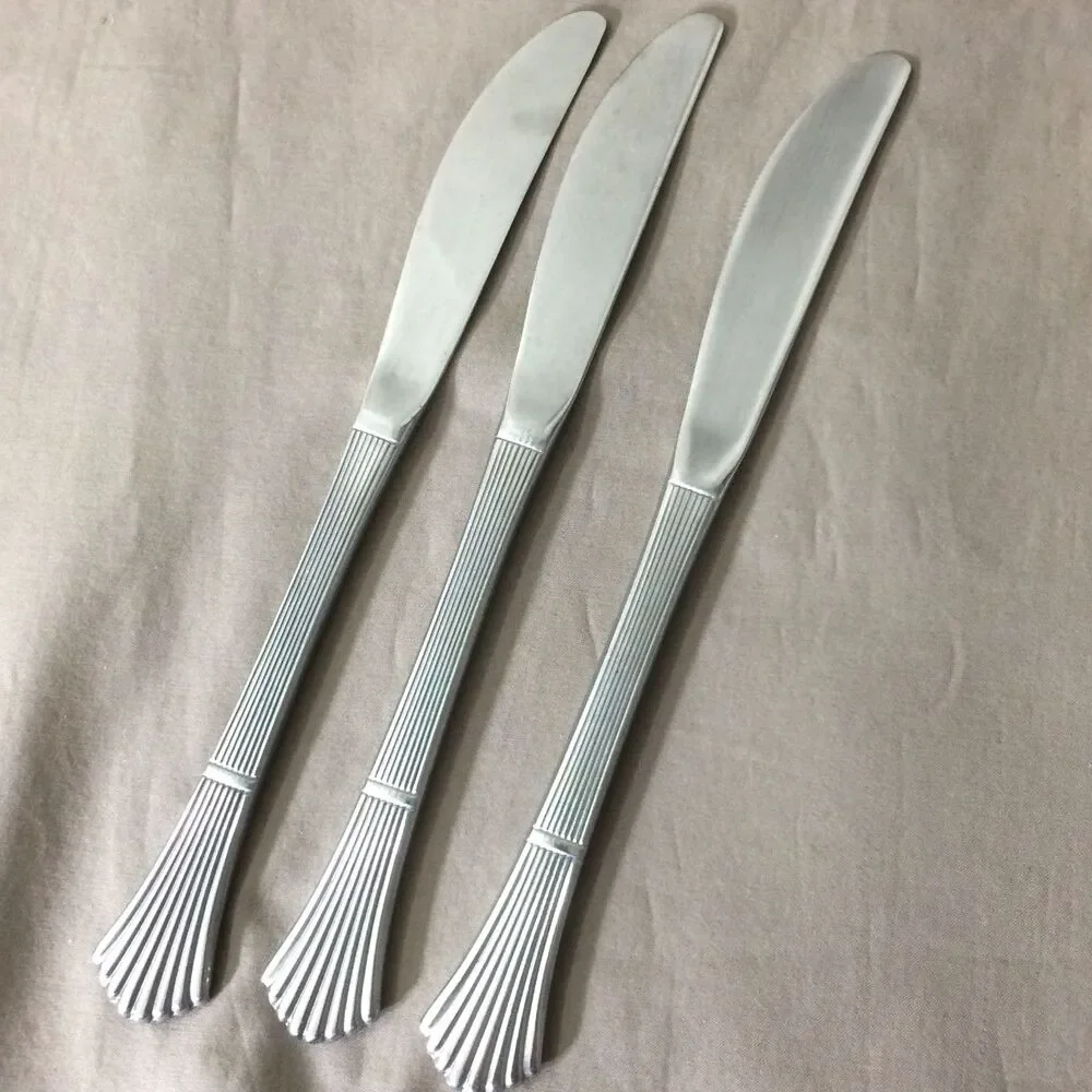 Imperial Korea Fluted Fan Stainless Dinner Knives Set 3 Flatware Silverware 70s
